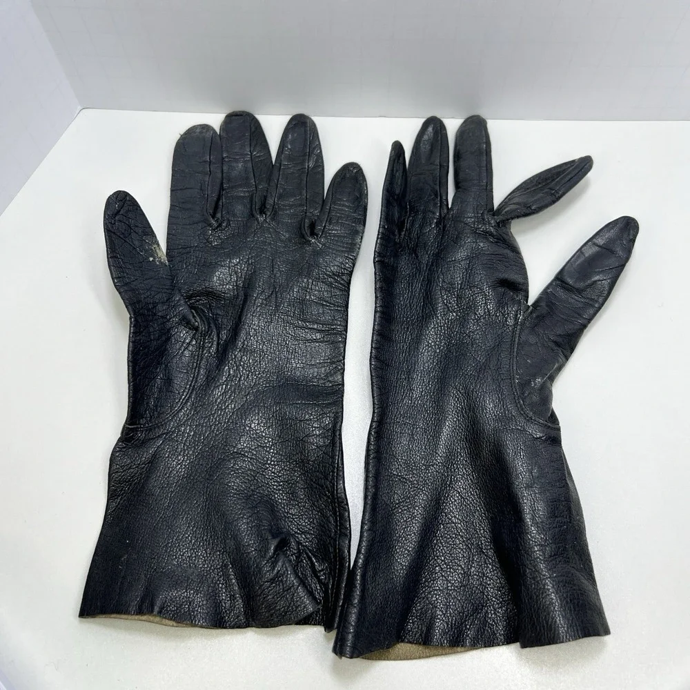 Vintage Black Leather‎ Gauntlet Work Gloves Motorcycle Riding Utility
